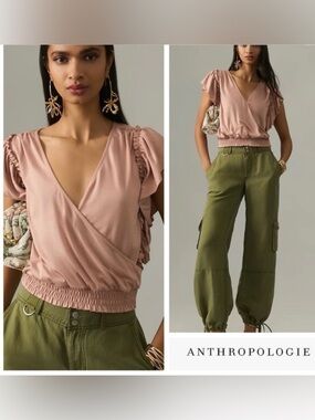 NEW ANTHROPOLOGIE  Silky Deep-V Top Neutral Pink Ruffle Detail XL